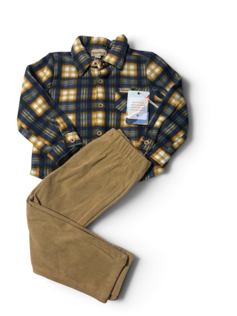 Bearpaw  2 Piece Set Long Sleeve Plaid Flannel Button Up Shirt &  Corduroy Pant